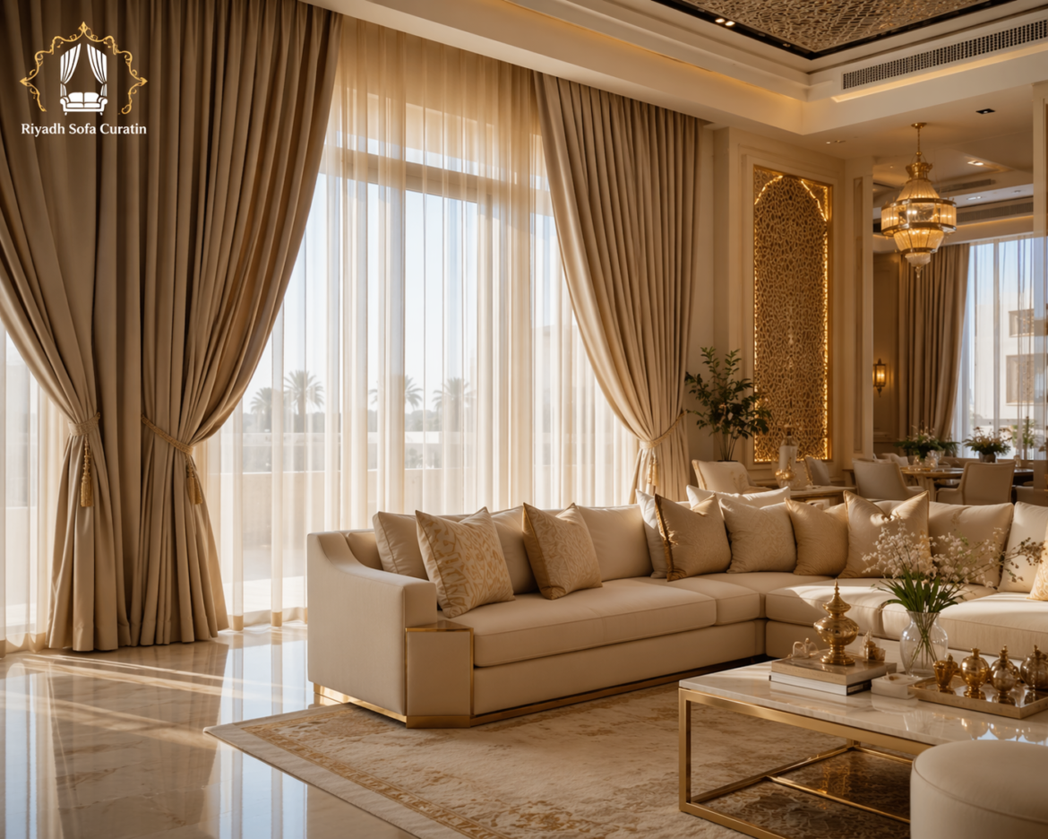 Luxury curtain designs Riyadh in a modern living room with beige and gold floor-to-ceiling curtains and elegant interior décor