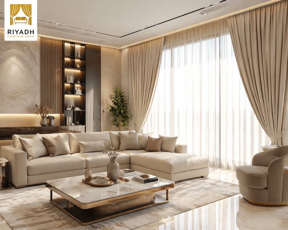 Premium curtains Riyadh in modern living room with matching sofa and elegant design