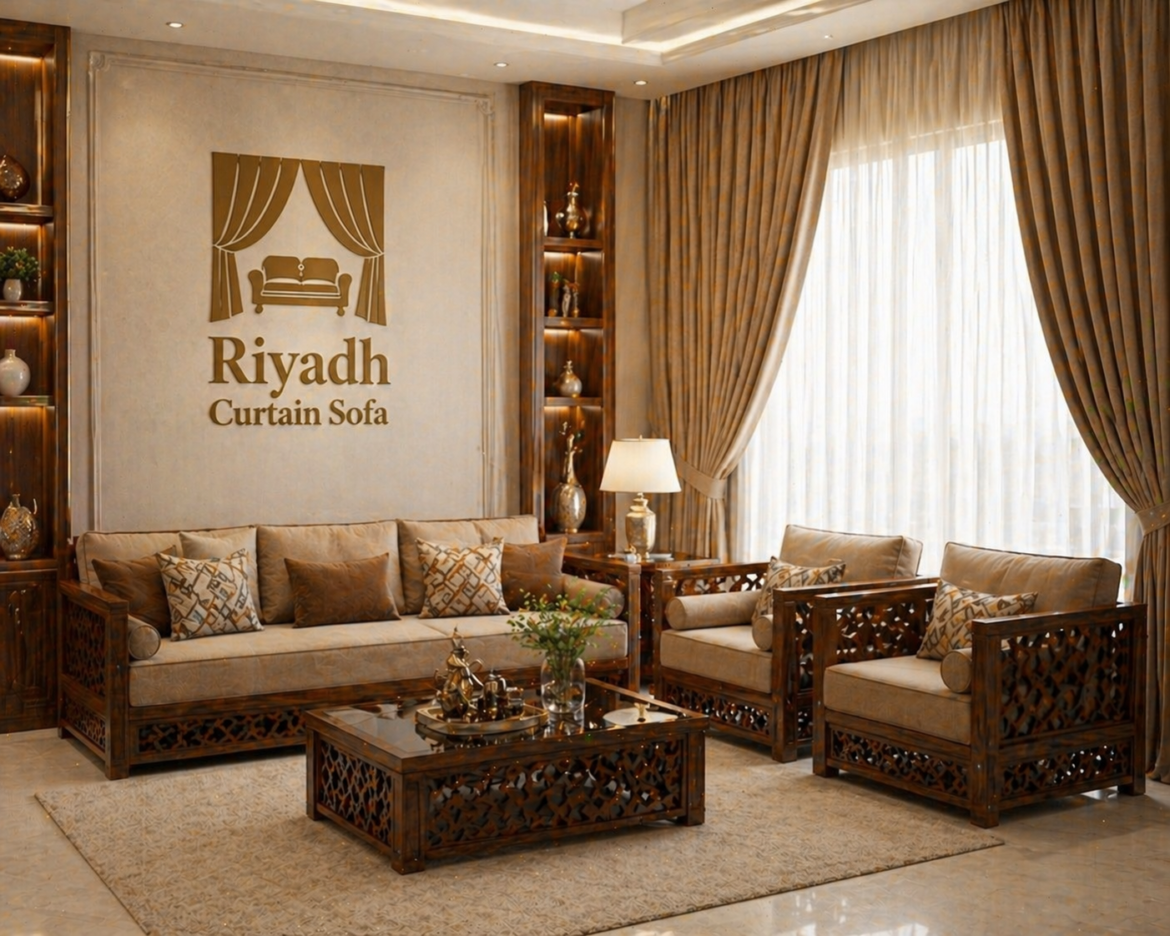 Wooden curtain sofa Riyadh modern living room setup with elegant curtains
