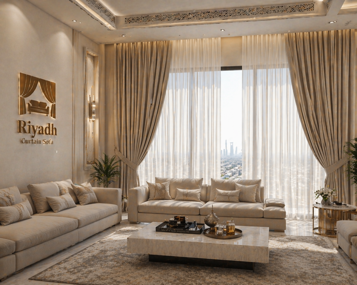 Premium curtains Riyadh modern living room with elegant sofa and natural lighting