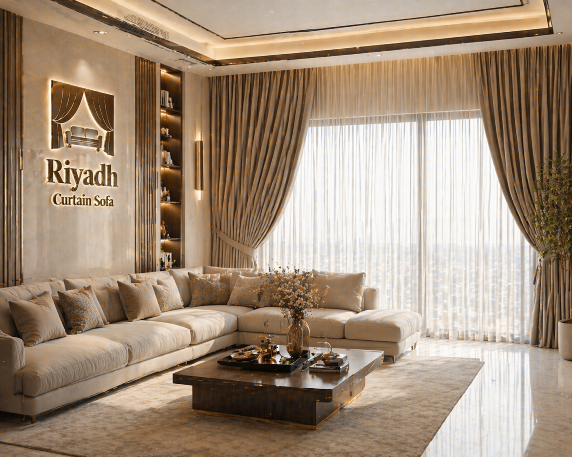Best curtain sofa Riyadh for living room with modern matching curtains and sofa