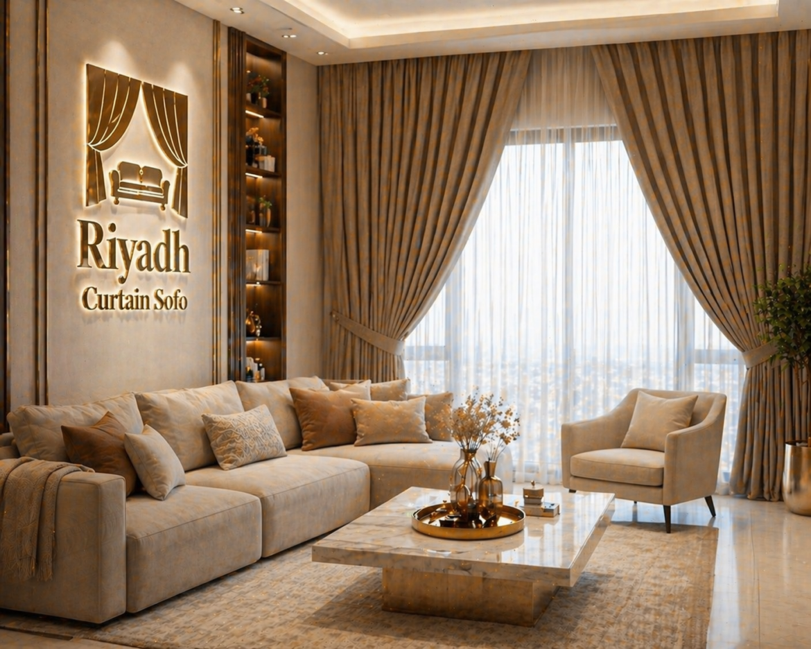 Home furniture Riyadh modern living room with sofa and curtains setup