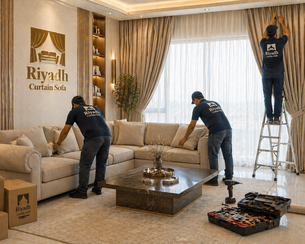 Home furniture delivery and setup Riyadh with sofa and curtain installation