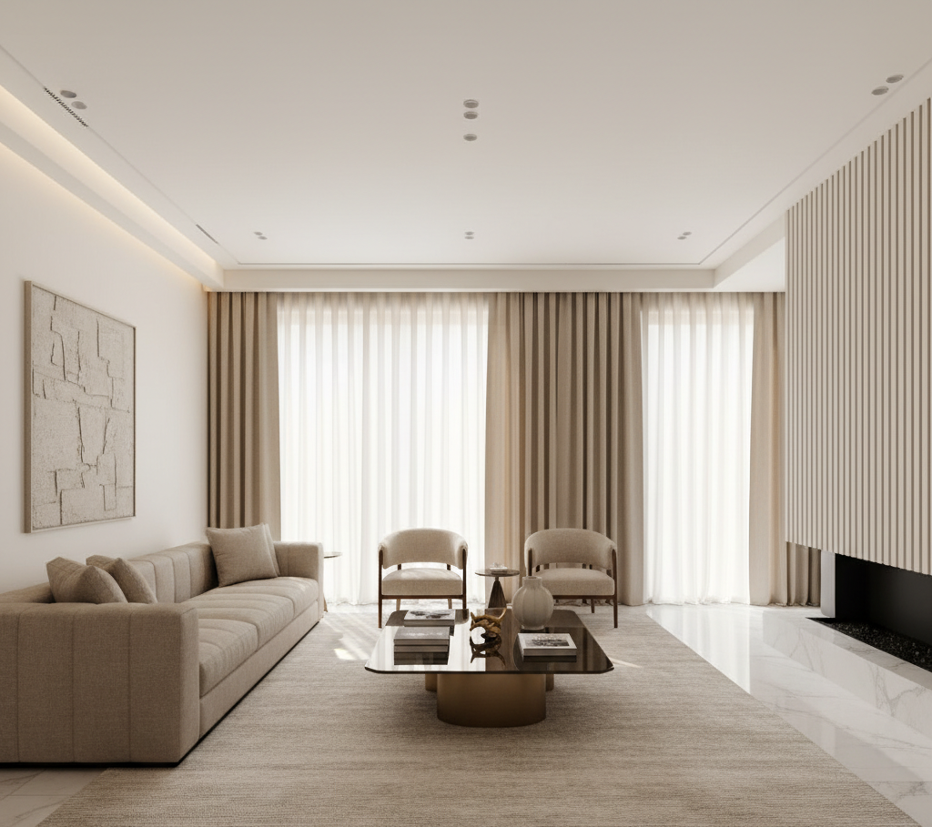 Modern living room with elegant beige sofa and matching curtains showcasing the best curtain sofa Riyadh design