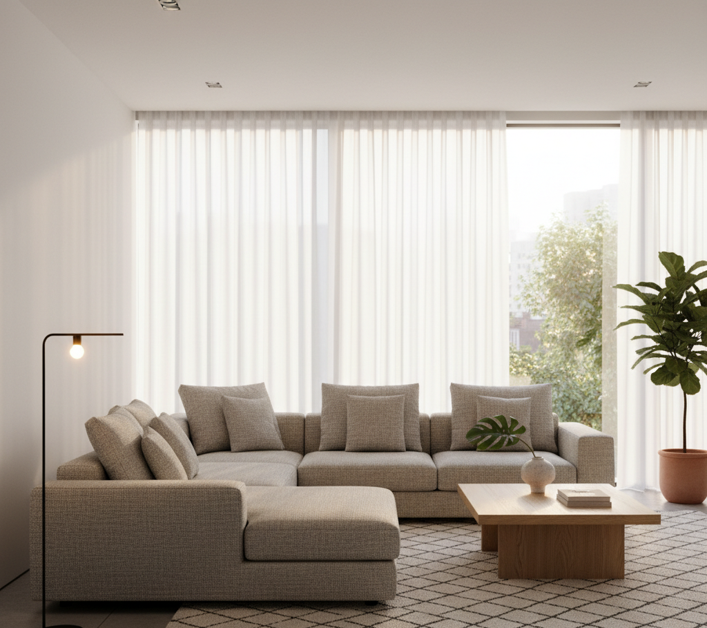 Best curtain sofa combination in a modern living room with neutral sofa, sheer curtains, and natural light creating a clean and stylish interior