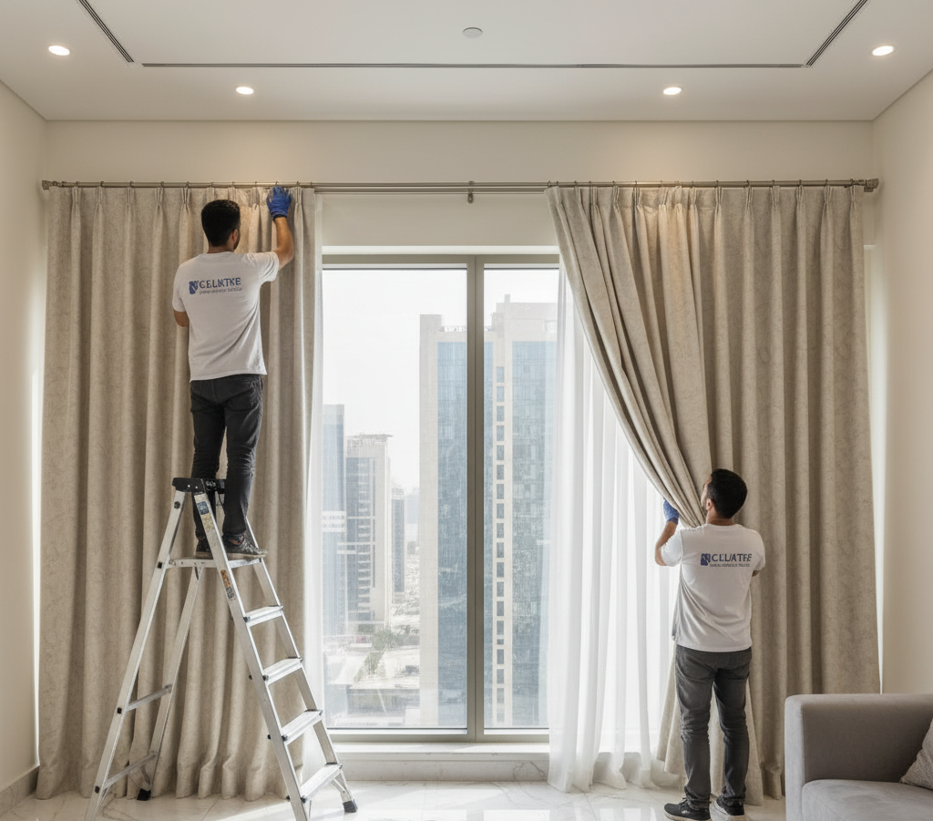 Luxury curtains Riyadh in modern living room with matching sofa design