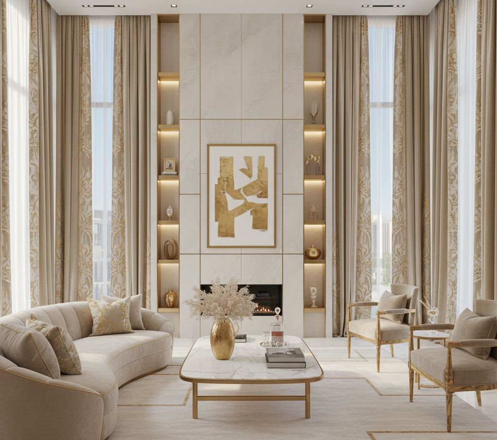 Living room curtain sofa Riyadh with matching fabric and modern interior
