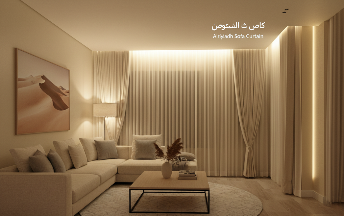 Sofa curtain for rent in Riyadh living room setup with matching furniture