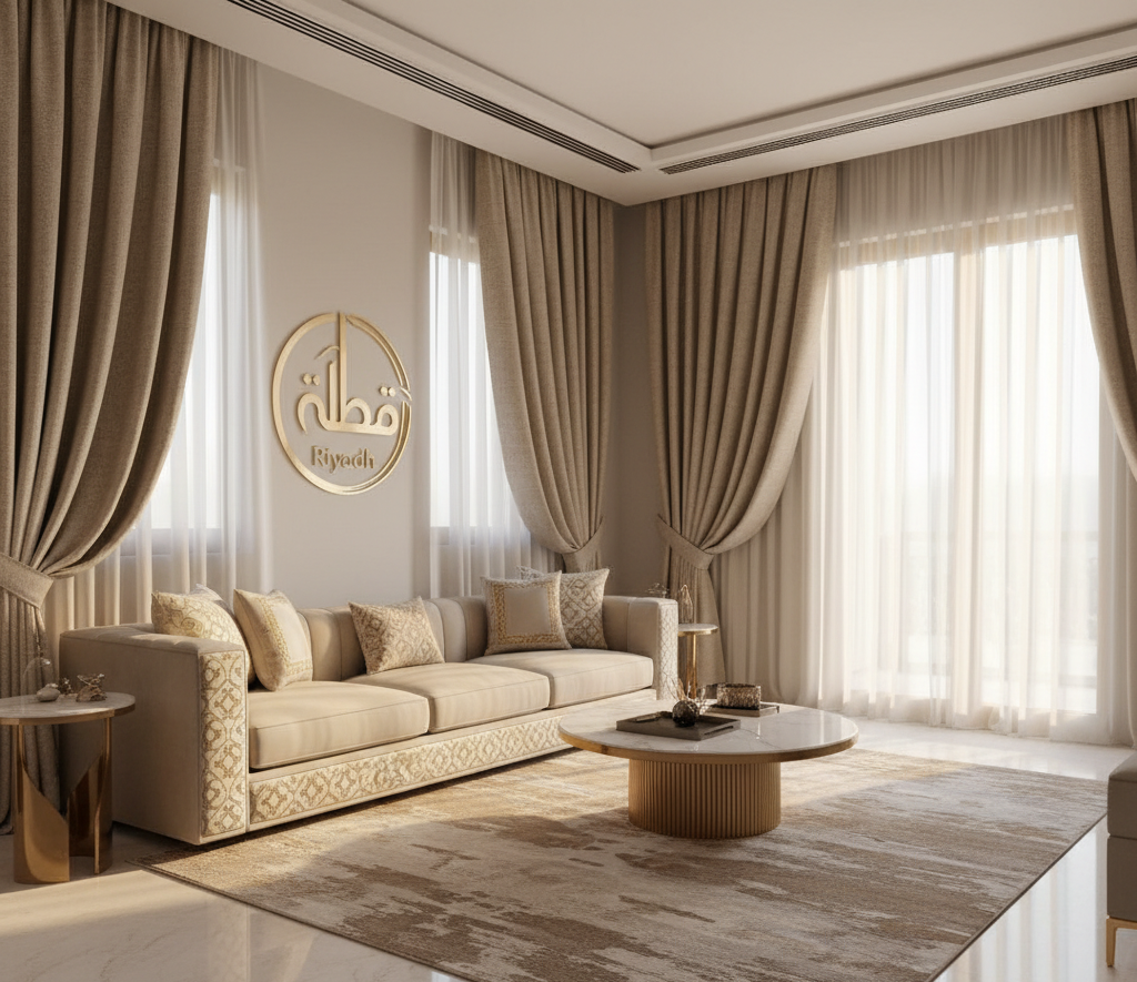Luxurious modern living room in Riyadh with elegant matching sofa and curtain design, featuring beige and cream tones with gold accents, floor-to-ceiling premium curtains, stylish upholstered sofa with cushions, and warm natural sunlight creating a high-end Arabic-inspired interior design.