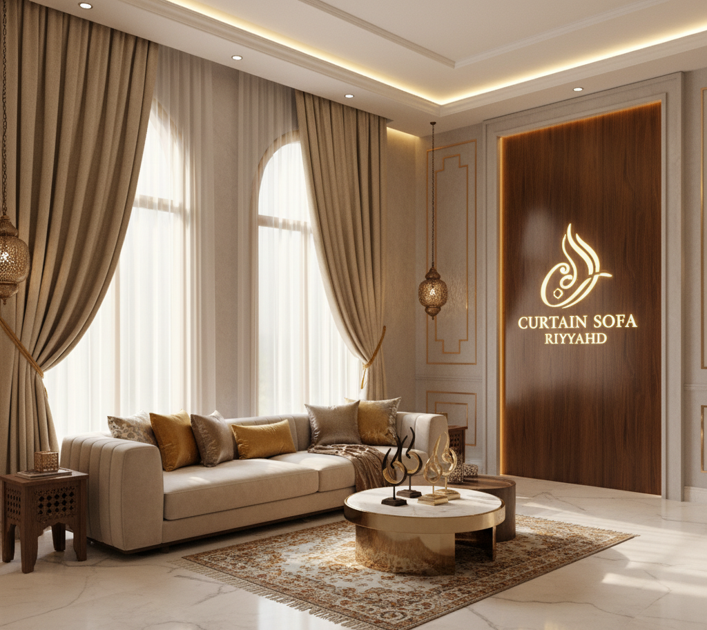 Luxury living room in Riyadh featuring elegant designer curtains in beige and gold tones with modern Arabic-style interior décor