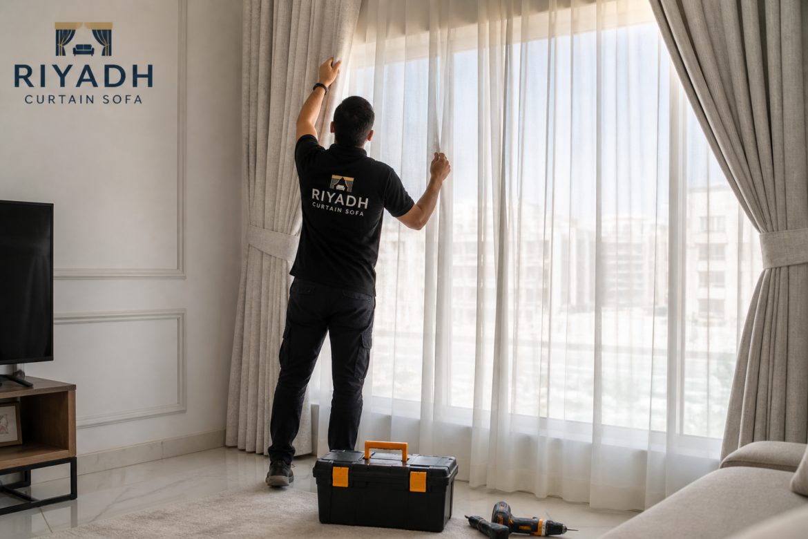 Designer curtains Riyadh modern living room with elegant floor to ceiling drapes