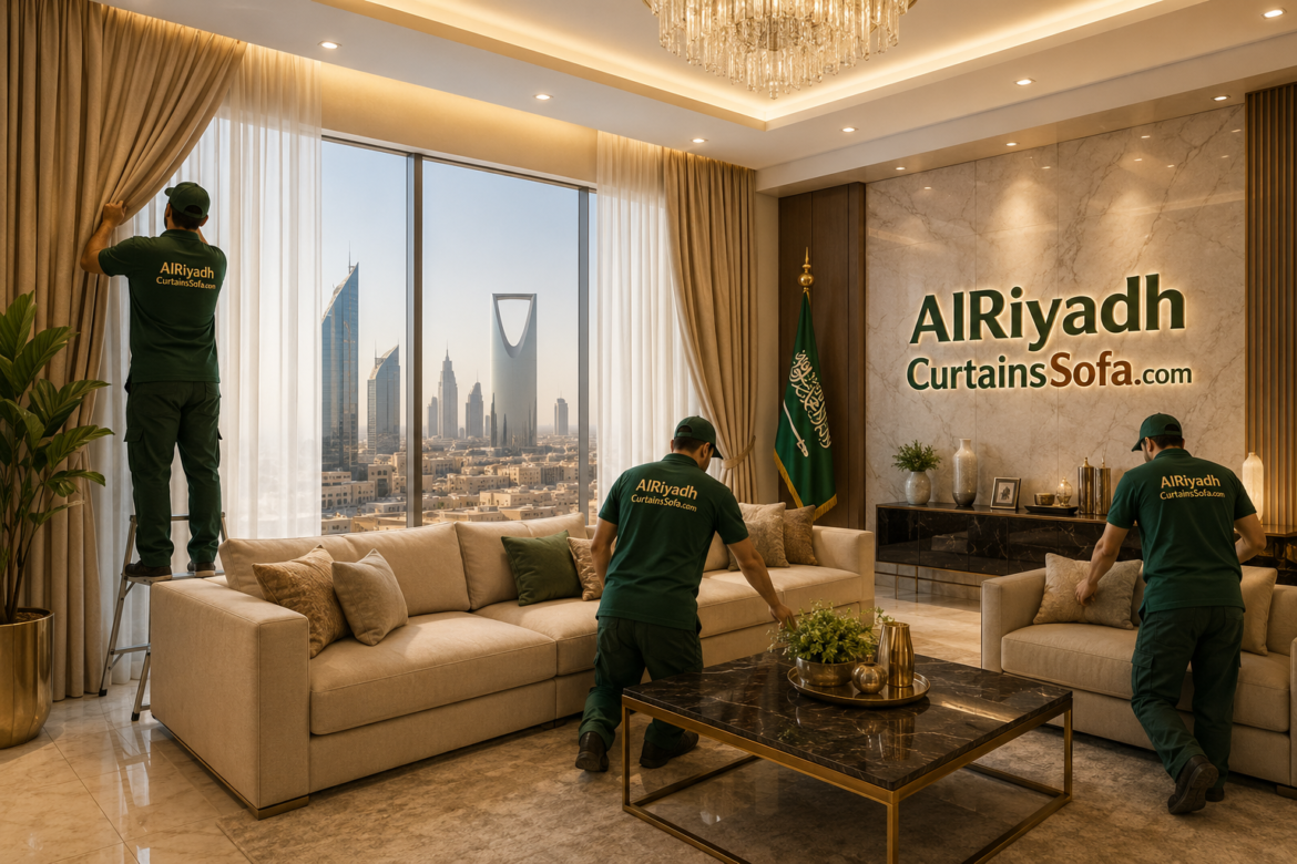 Professional curtain sofa installation Riyadh in luxury modern living room with workers installing curtains and arranging sofa