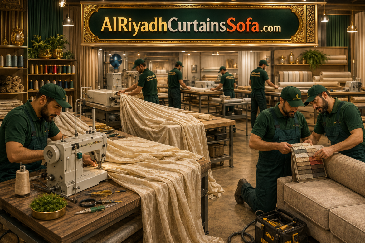 Luxury curtain and sofa workshop in Riyadh with workers stitching premium curtain fabrics and sofa upholstery