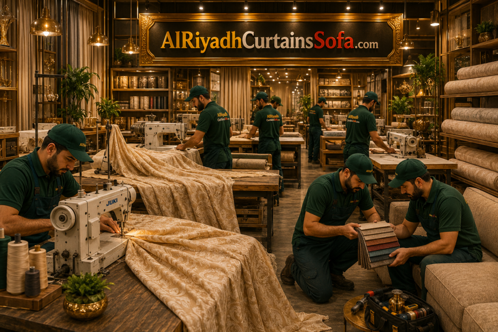 Modern curtain sofa factory in Riyadh with workers creating luxury curtains and sofa covers