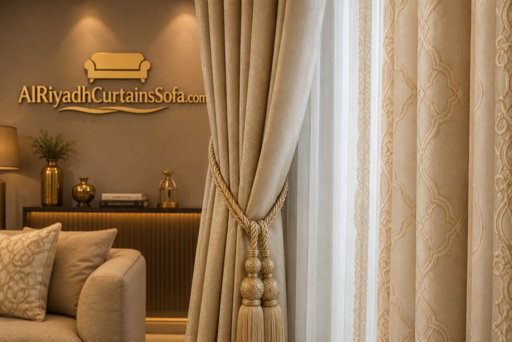 Close-up of premium curtain fabric texture in Riyadh with elegant folds and luxury Arabic interior design