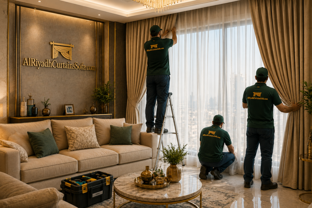 Professional curtain installation service team in Riyadh arranging luxury curtains inside modern apartment