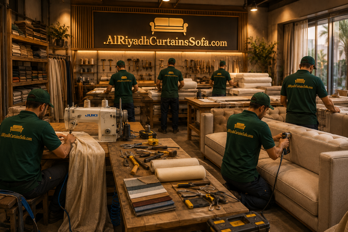 Professional sofa upholstery workshop in Riyadh with workers repairing and upholstering modern sofa using premium fabrics