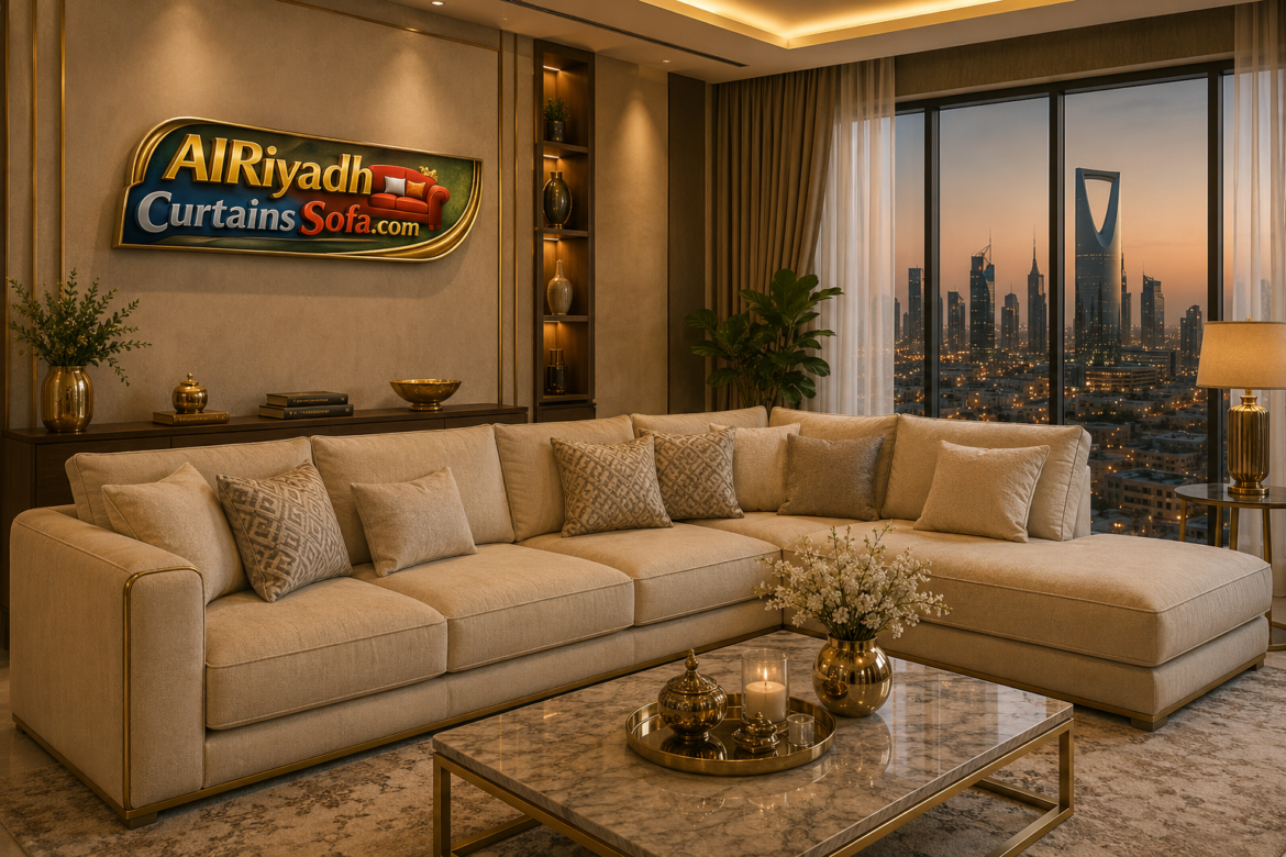 Professional sofa repair Riyadh in luxury living room with restored beige sectional sofa and premium upholstery finish
