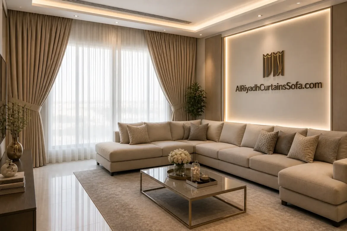 Custom curtain sofa services Riyadh modern living room with matching sofa and curtains