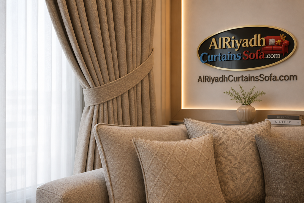 Curtain and sofa design matching Riyadh with premium fabric texture and stitching