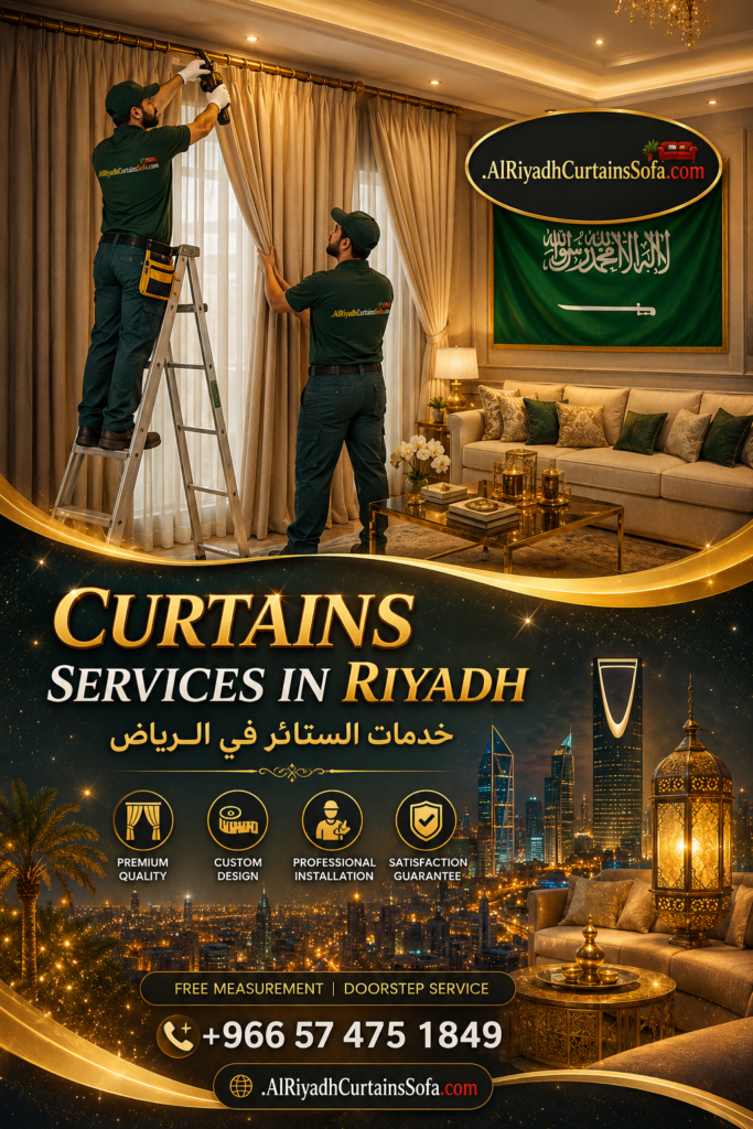 Curtain installation service Riyadh workers installing luxury curtains in modern living room