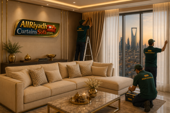 Professional curtain fixing Riyadh service with workers installing luxury floor-to-ceiling curtains in a modern living room with elegant beige sofa
