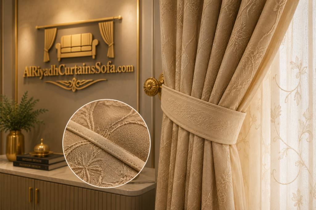 Close-up of luxury curtain fabric in Al Arid Riyadh showing detailed stitching, elegant folds, and premium beige curtain texture