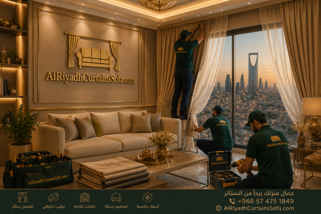 Professional curtain installation team in Al Arid Riyadh installing luxury curtains inside a modern villa with premium interior décor